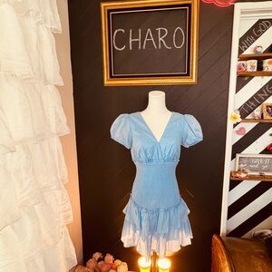 B.Darlin Sky Blue Ruched Smocked Mini Dress with Puff Sleeves